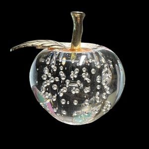 Vintage Clear Bubbled Glass Apple Paper Weight with Brass Stem and Leaf